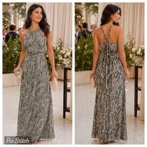 Anthropologie Leifsdottir Navy Cream Abstract 100% Silk Halter Maxi Dress 8 EUC